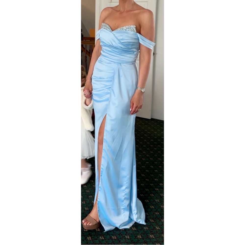 Blue Off-Shoulder Ruched Gown with Slit - Picture 3 of 3